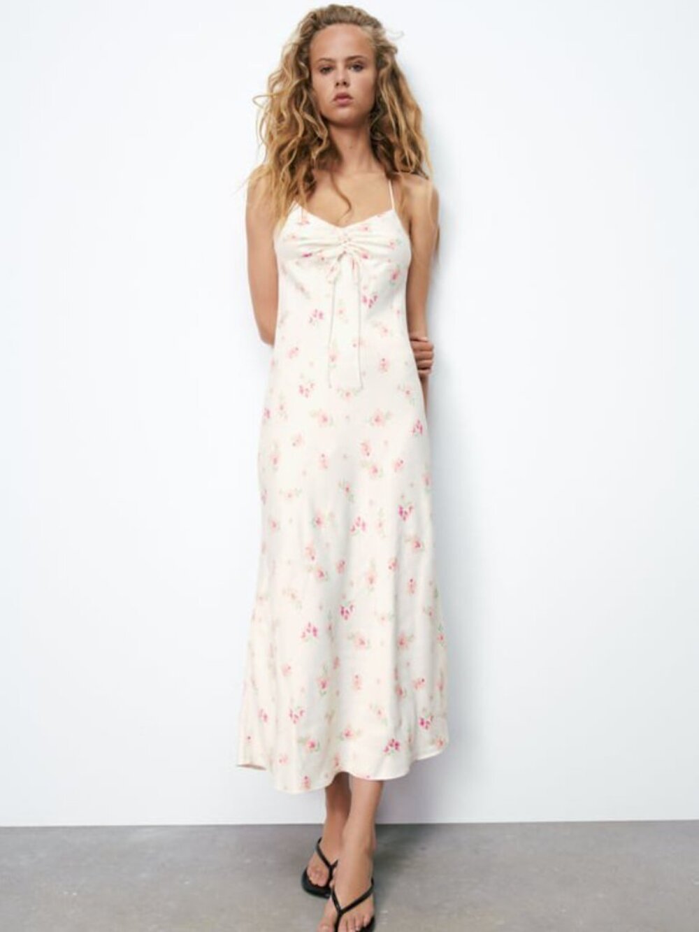 Zara Cream Long Slip Dress with Pink Floral Print Sz L